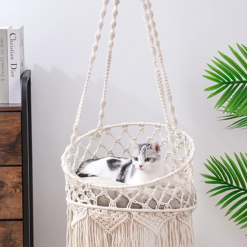 Indoor Macrame Cat Hammock - Beige Hanging Bed for Cats