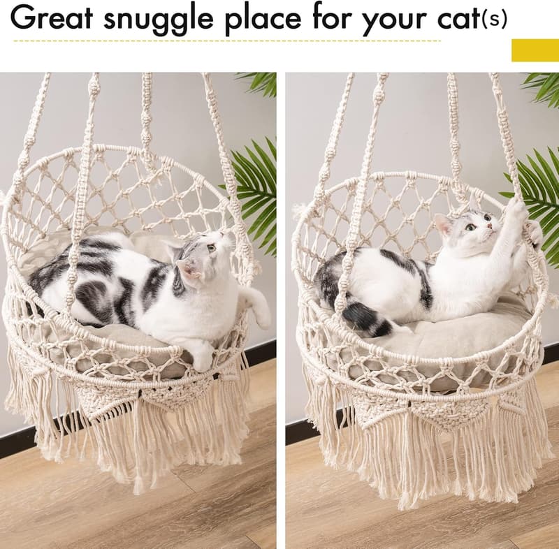 Indoor Macrame Cat Hammock - Beige Hanging Bed for Cats