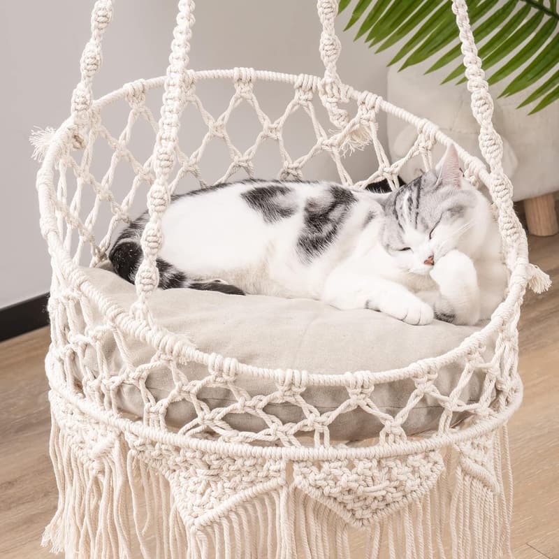 Indoor Macrame Cat Hammock - Beige Hanging Bed for Cats