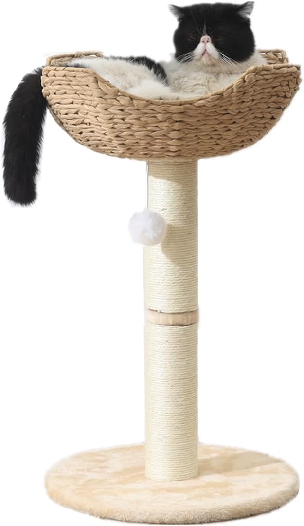 Large Cat Tree with Handwoven Rattan Basket Perch