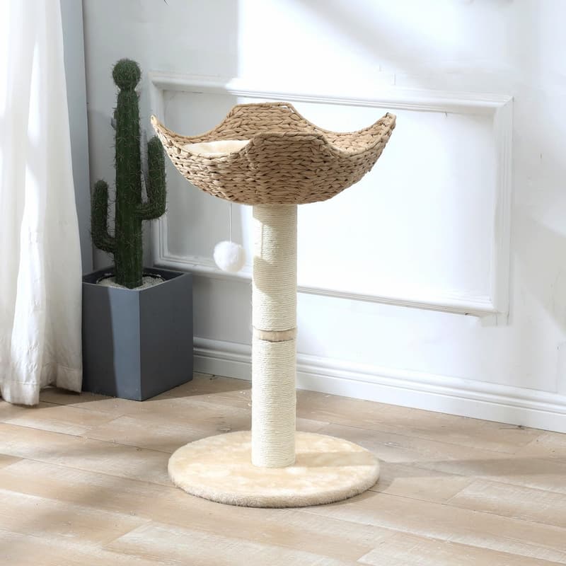 Large Cat Tree with Handwoven Rattan Basket Perch