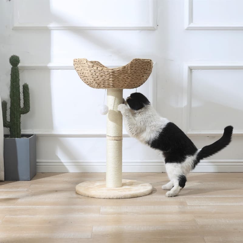 Large Cat Tree with Handwoven Rattan Basket Perch