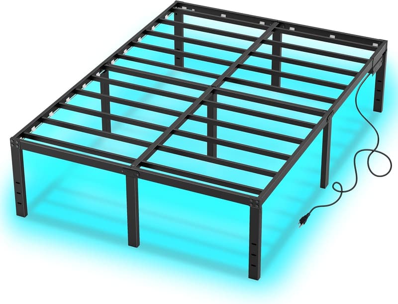14-Inch Full Bed Frame with LED Lights and Charging Station