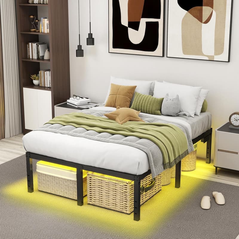 14-Inch Full Bed Frame with LED Lights and Charging Station