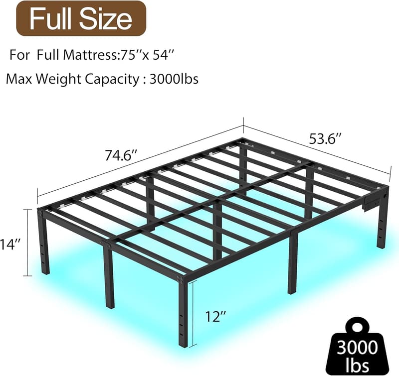 14-Inch Full Bed Frame with LED Lights and Charging Station