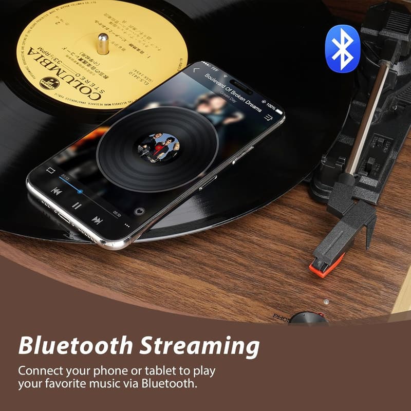 Espresso Wood 3-Speed Turntable with Bluetooth & Built-in Speakers