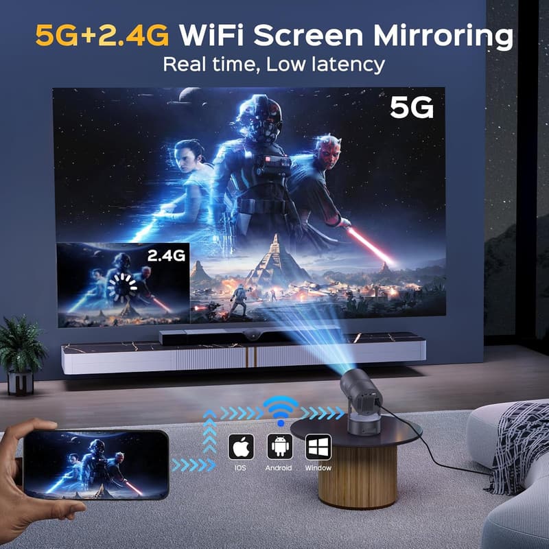 Portable Mini Projector with WiFi, Bluetooth, 150'' Screen