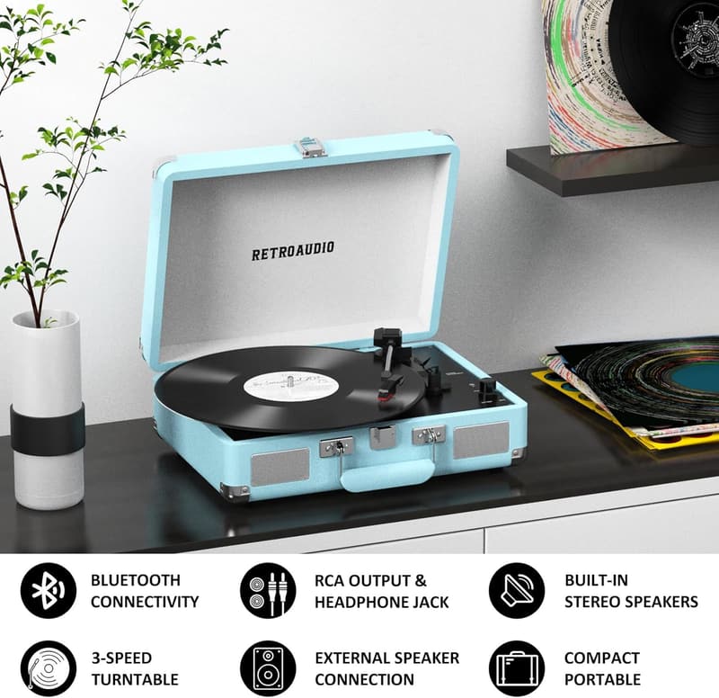 Bluetooth Portable Vinyl Record Player with Built-in Speakers