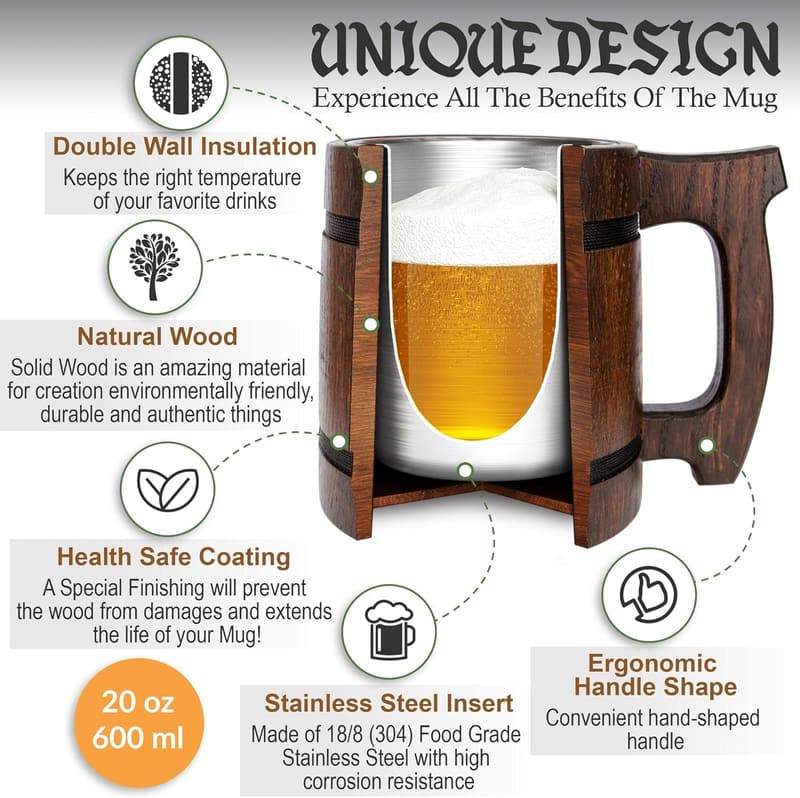 Viking Beer Mug 20 OZ - Handmade Wooden Tankard for Men
