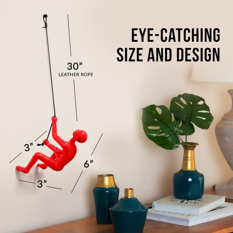 Climbing Man Wall Art with 30” Leather Rope for Modern Decor