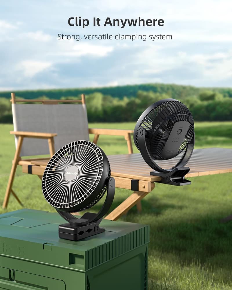 USB Rechargeable 10000mAh Clip-On Fan with 4 Speeds, Black