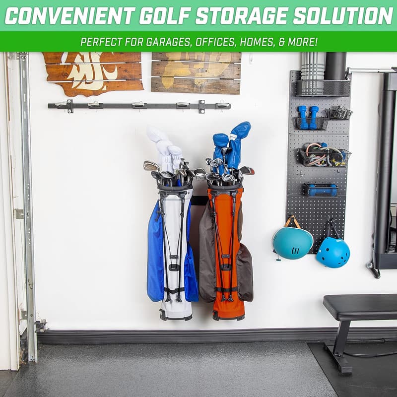 Golf Bag Storage Rack - Wall Mounted, Holds 2 Bags, Black