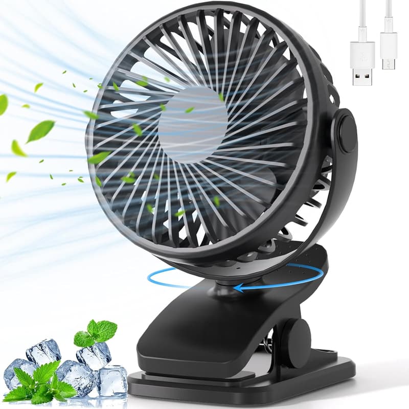 Portable 360° Rotary Stroller Fan, USB Rechargeable, Black