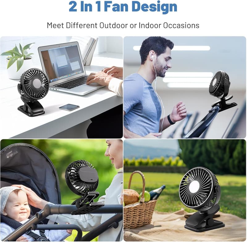 Portable 360° Rotary Stroller Fan, USB Rechargeable, Black