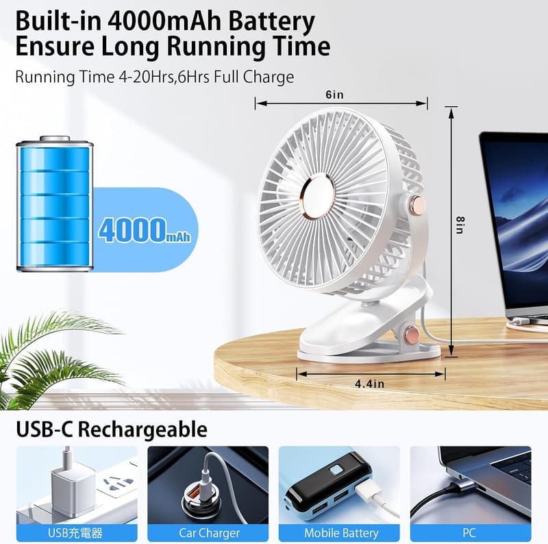 Portable LED Desk Fan - 4000mAh Rechargeable, 4 Speeds, 360° Rotation
