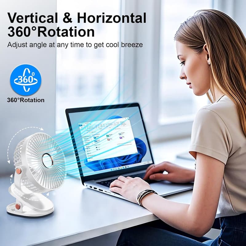 Portable LED Desk Fan - 4000mAh Rechargeable, 4 Speeds, 360° Rotation