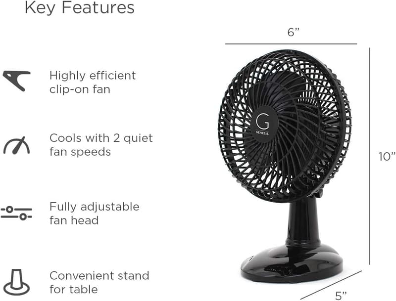 Genesis 6-Inch Quiet Convertible Table-Top & Clip Fan - Black