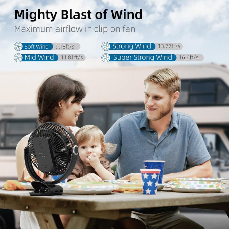 Rechargeable 10,000mAh Clip-On Fan with 4 Speeds & Strong Airflow