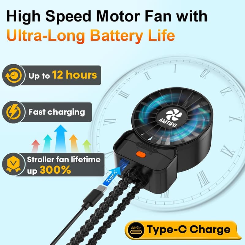 Portable Stroller Fan - Rechargeable Clip-On Cooling Fan for Babies