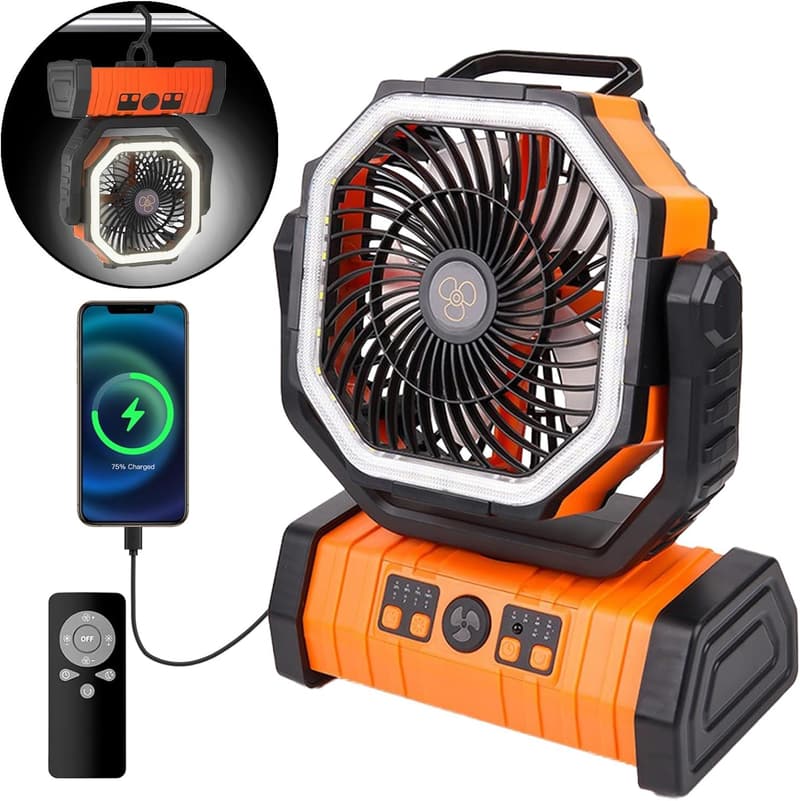 Cordless Rechargeable Camping Fan with LED Light & Remote