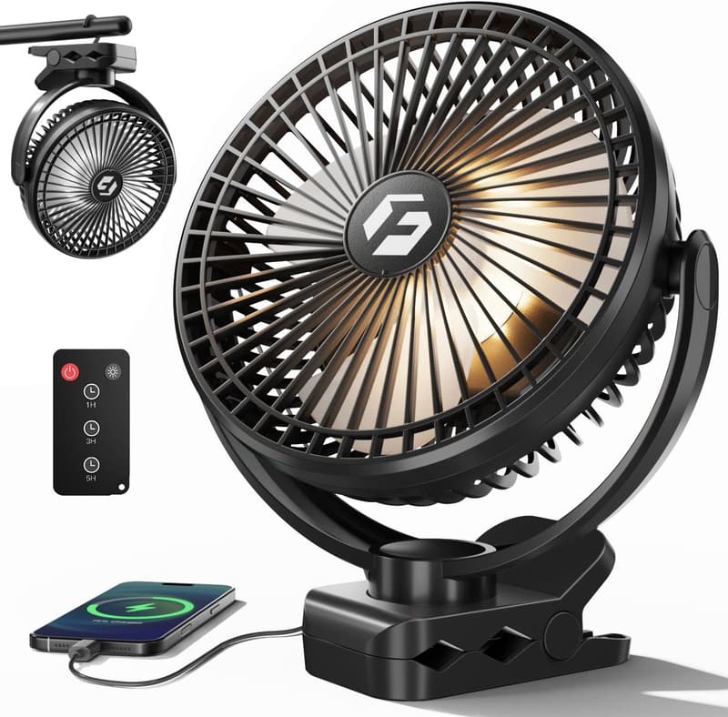 Rechargeable 12000mAh Portable Clip-On Fan with Remote & Lights