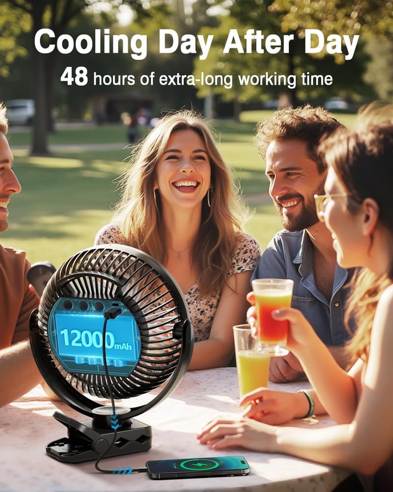 Rechargeable 12000mAh Portable Clip-On Fan with Remote & Lights