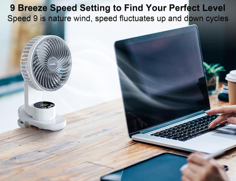 Rechargeable Clip-On Desk Fan with Atmosphere Light & 9 Speeds