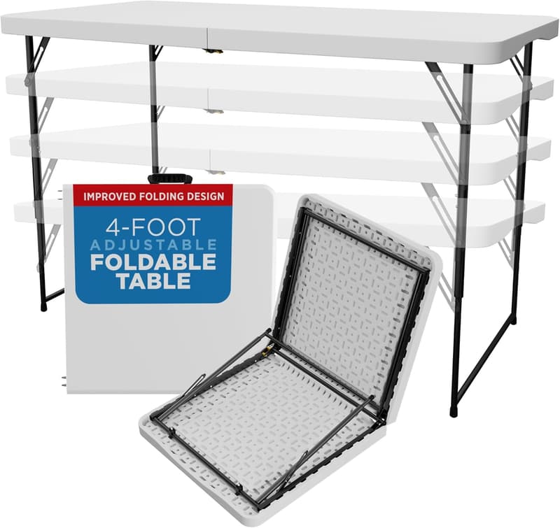 Adjustable 4-Foot Folding Table - White Plastic
