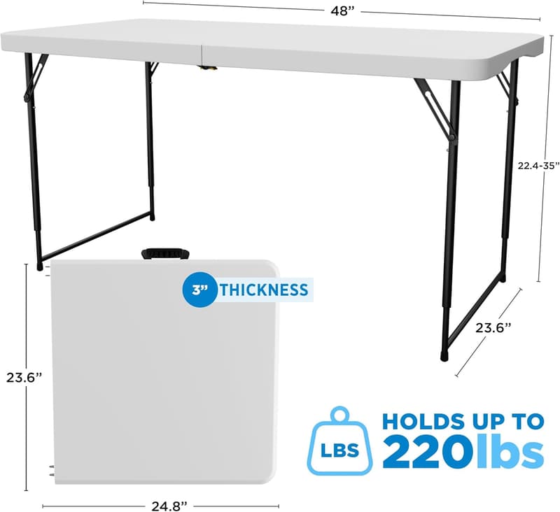Adjustable 4-Foot Folding Table - White Plastic