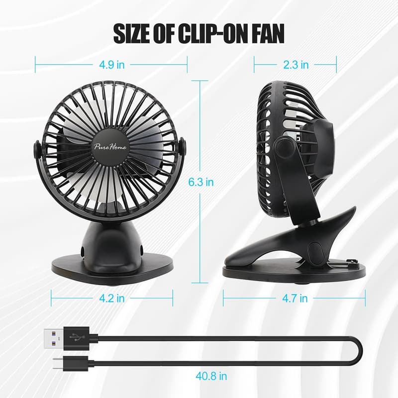 USB Rechargeable Mini Clip Fan with 3 Speeds and 360° Rotation