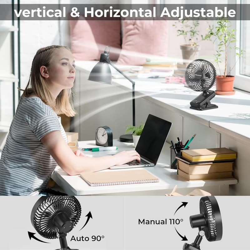 Portable 10000mAh Rechargeable Clip-On Fan with 42H Runtime