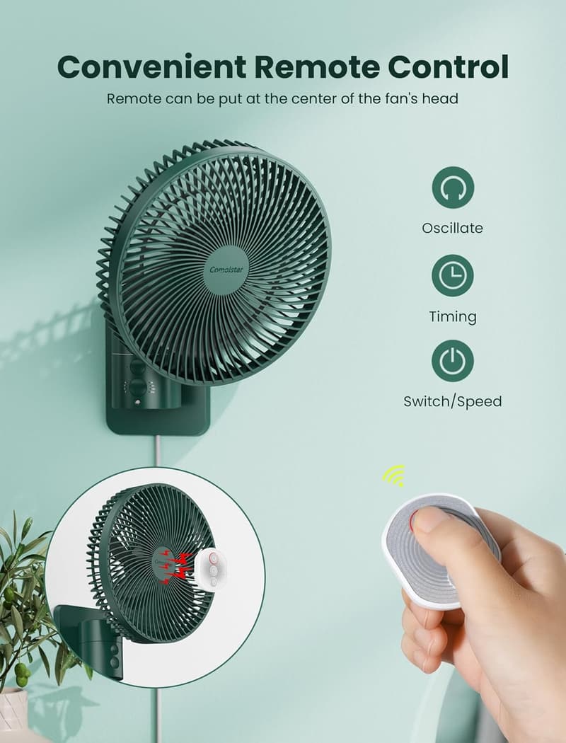 Wall-Mounted Quiet Oscillating Fan with Remote, 8.5 Inch
