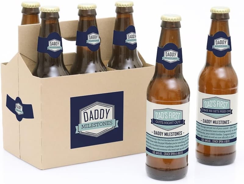 Daddy's First Milestones - 6 Beer Bottle Labels & Carrier Decor