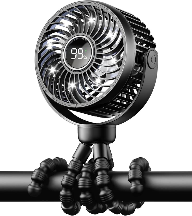 Portable Stroller Fan with 360° Rotation and LED Light