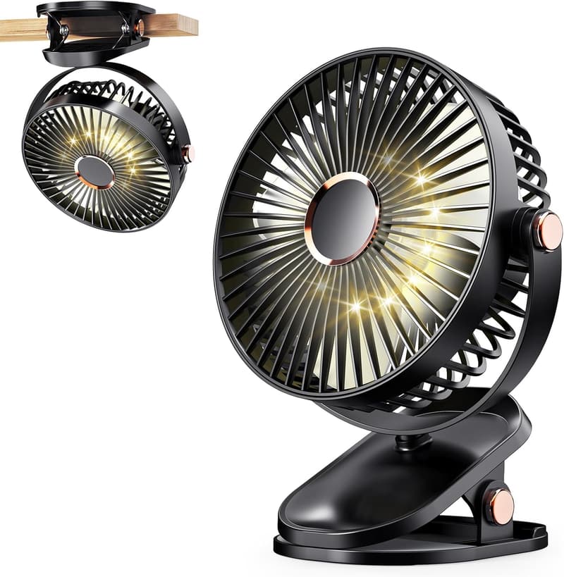 Portable 4000mAh Clip-On Fan with LED Lights for Home & Camping