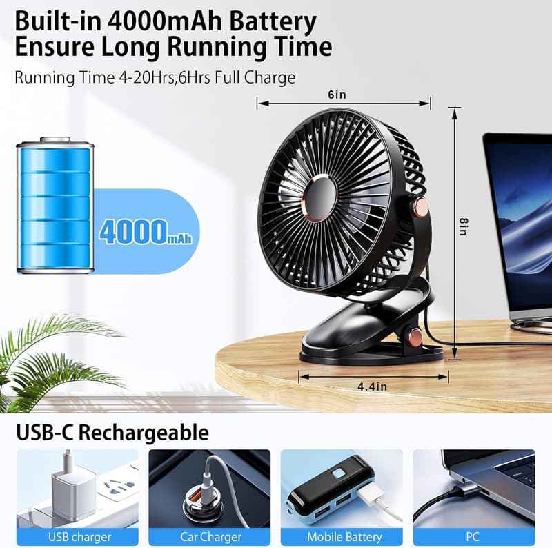 Portable 4000mAh Clip-On Fan with LED Lights for Home & Camping