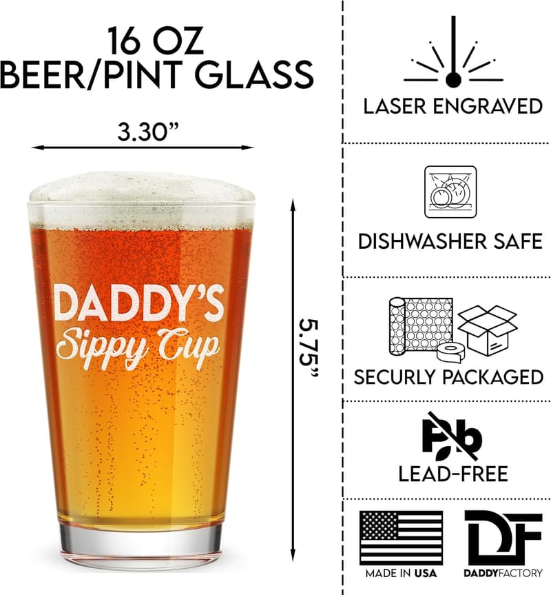 Father's Day Laser Engraved Beer Glass – 16 oz Funny Gift for Dad