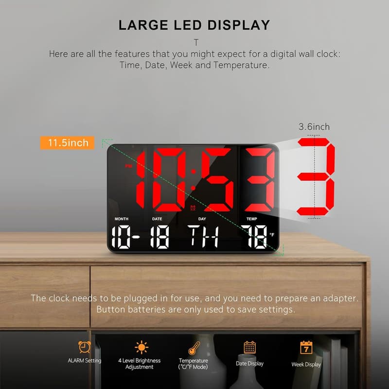 LED Digital Wall Clock with Remote Control for Home Decor