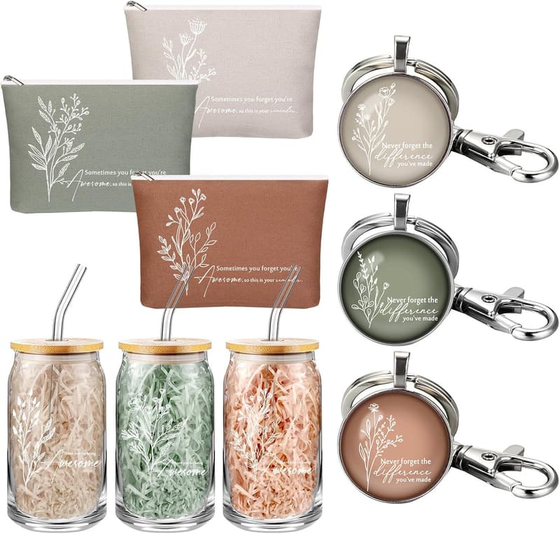 Thank You Gift Set for Women: 16oz Glass Cups & Motivational Keychains