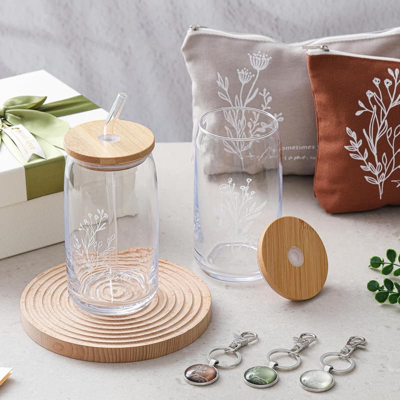 Thank You Gift Set for Women: 16oz Glass Cups & Motivational Keychains