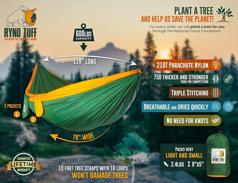X-Large Double Waterproof Camping Hammock with Straps & Pocket