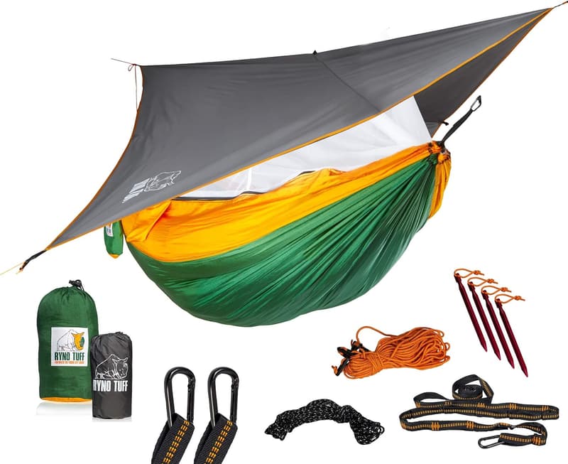 Double Camping Hammock with Mosquito Net & Rain Fly - 600lbs Capacity