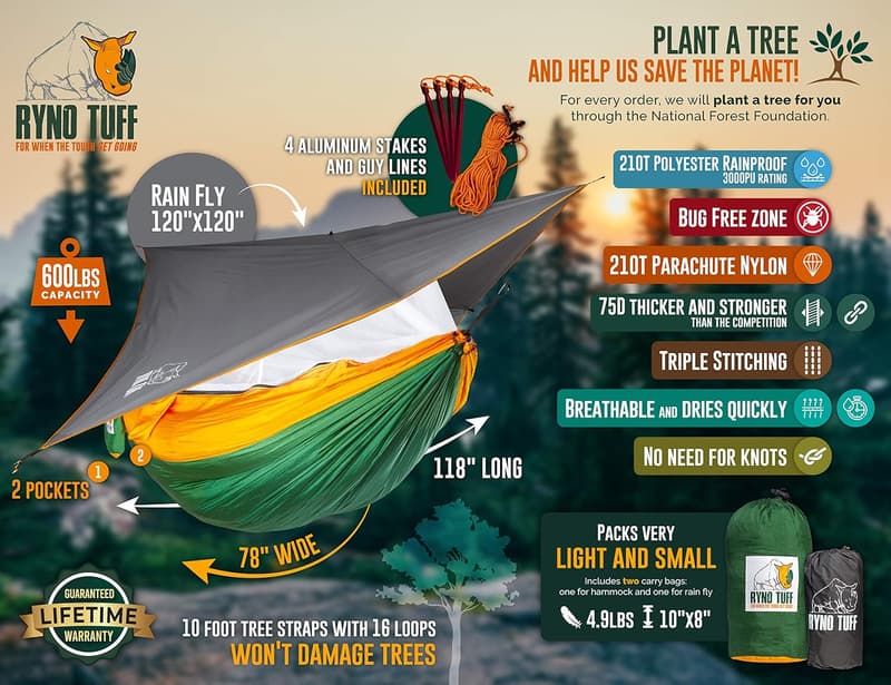 Double Camping Hammock with Mosquito Net & Rain Fly - 600lbs Capacity