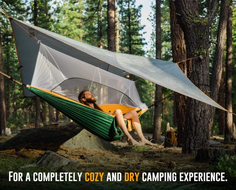 Double Camping Hammock with Mosquito Net & Rain Fly - 600lbs Capacity