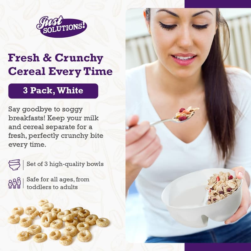 Just Crunch Anti-Soggy Cereal Bowl - 3 Pack, BPA Free & Microwave Safe