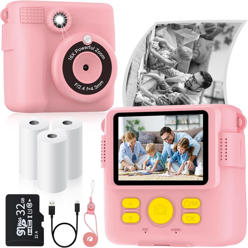Kids' Instant Print Camera with 3 Rolls & 32GB SD Card - Pink
