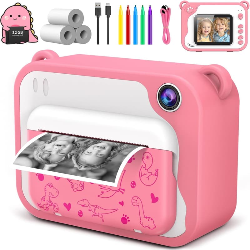 Dinosaur Instant Print Camera for Kids Ages 3-12 - Pink