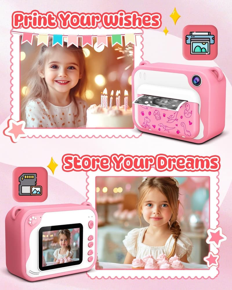 Dinosaur Instant Print Camera for Kids Ages 3-12 - Pink