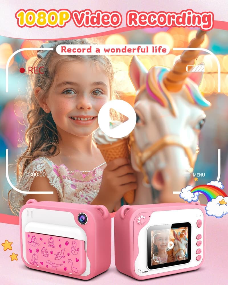 Dinosaur Instant Print Camera for Kids Ages 3-12 - Pink