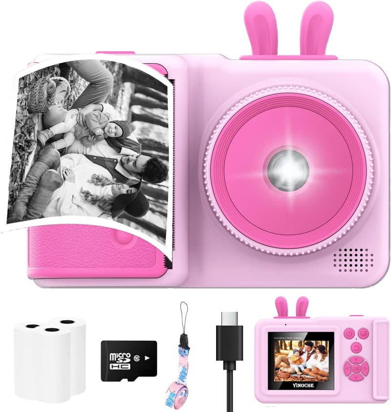 Kids Instant Print Camera for Ages 3-12 - 1080P Digital Toy (Pink)